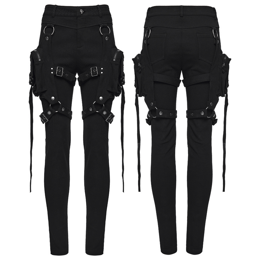 Stylish Gothic Black Twill Pants with Detachable Pockets showcasing edgy design and functionality.