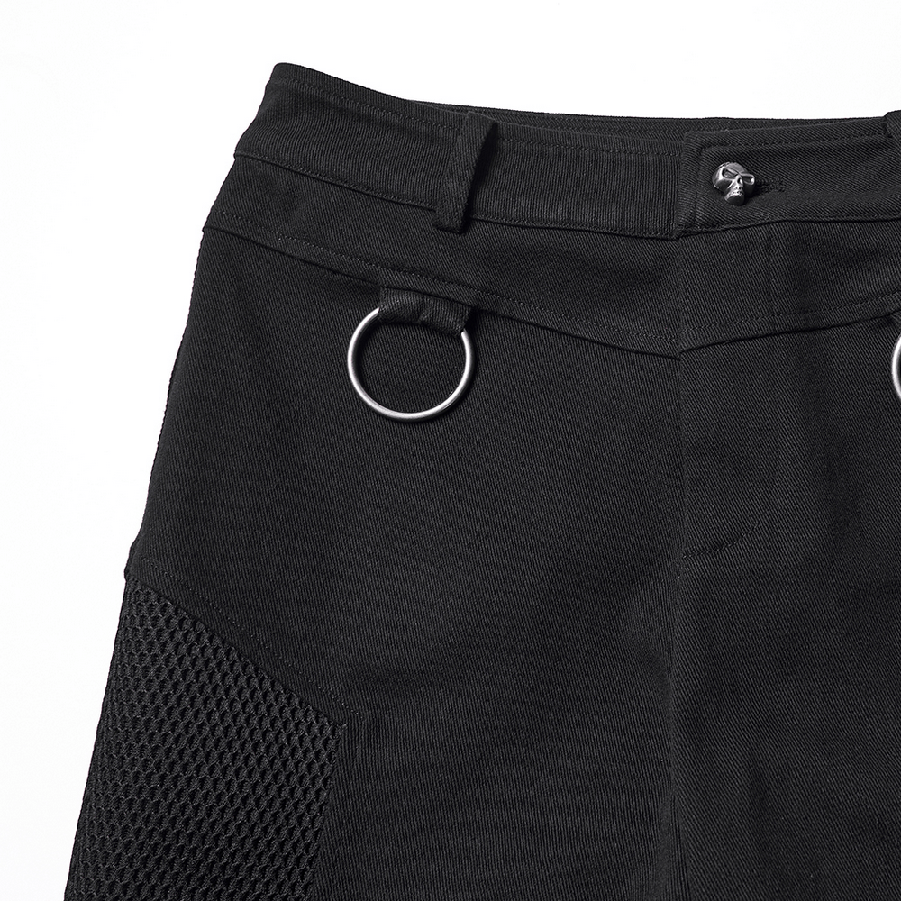 Stylish Gothic Black Twill Pants with Detachable Pockets featuring mesh splicing and ring details.