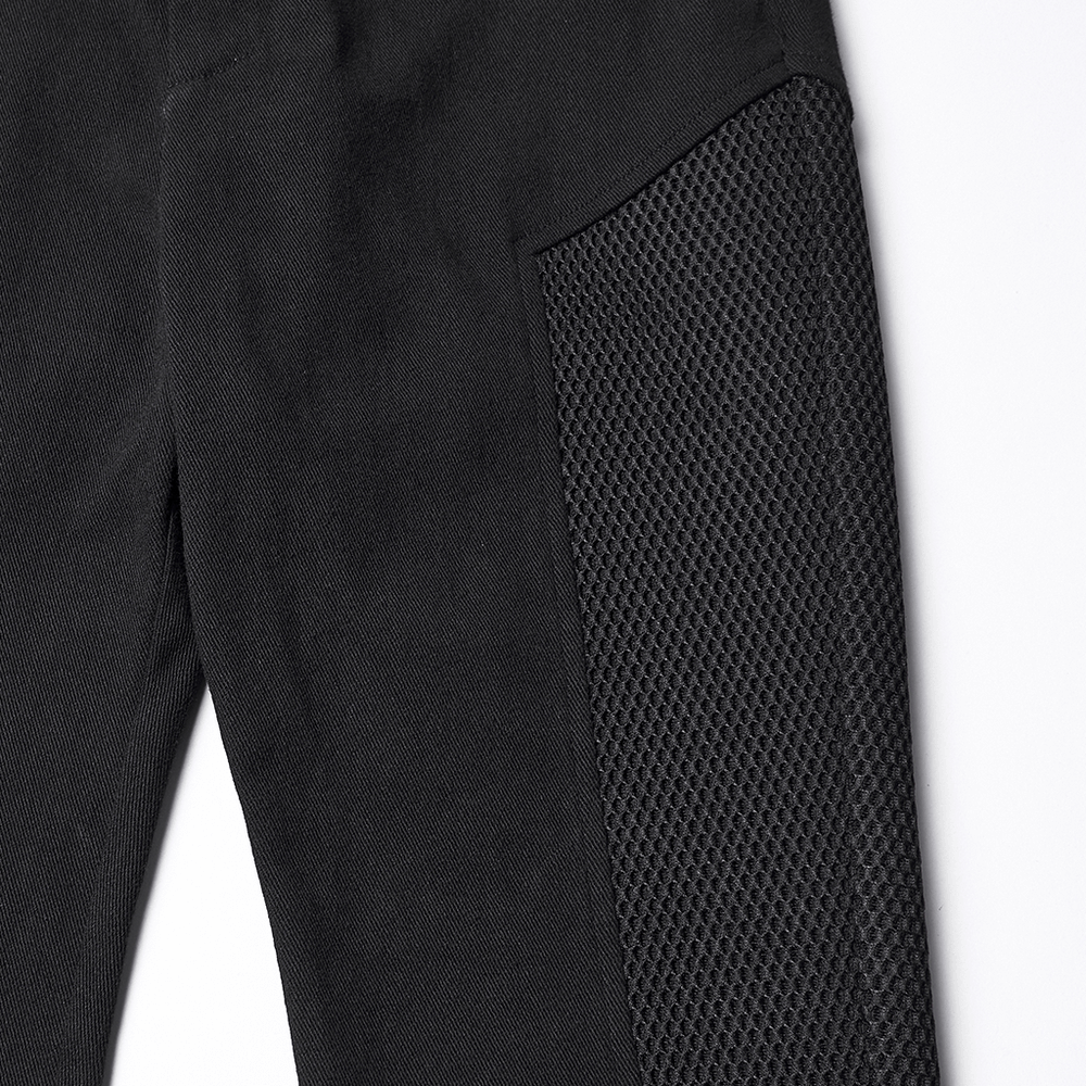 Stylish Gothic Black Twill Pants with Detachable Pockets showcasing mesh splicing for a striking visual texture.