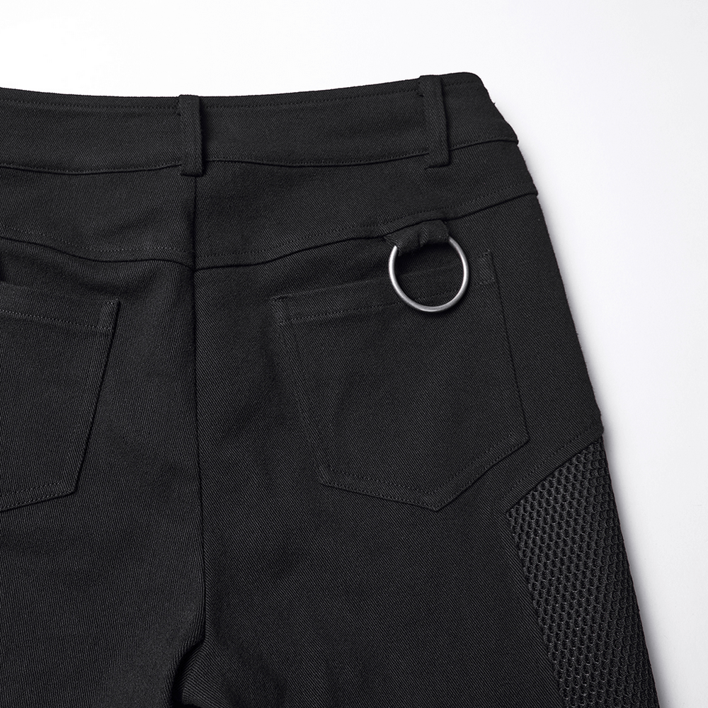 Back view of Stylish Gothic Black Twill Pants with Detachable Pockets featuring mesh splicing and belt loop.