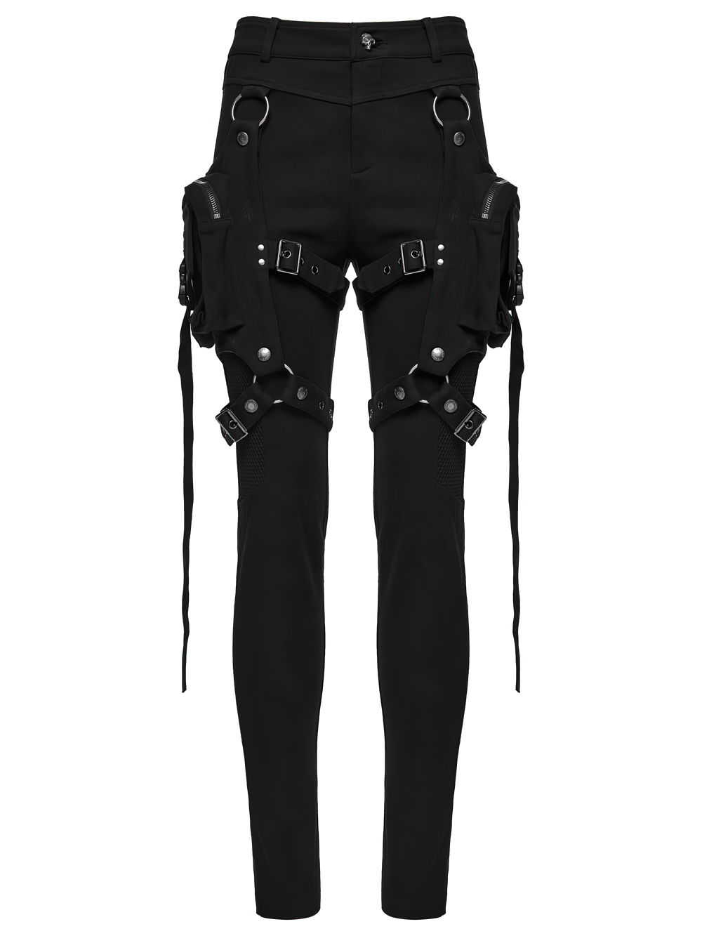 Stylish Gothic Black Twill Pants with Detachable Pockets showcasing edgy design and detachable pockets.