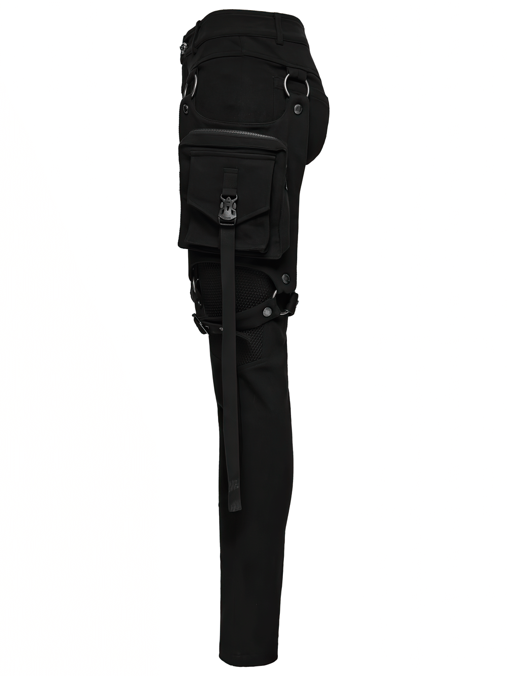 Stylish Gothic Black Twill Pants with Detachable Pockets featuring mesh splicing and 3D leg pockets.