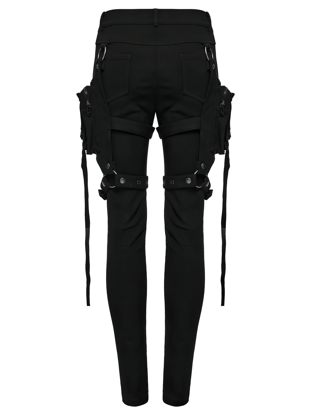 Stylish Gothic Black Twill Pants with Detachable Pockets showcasing a unique back view with detachable leg pockets.