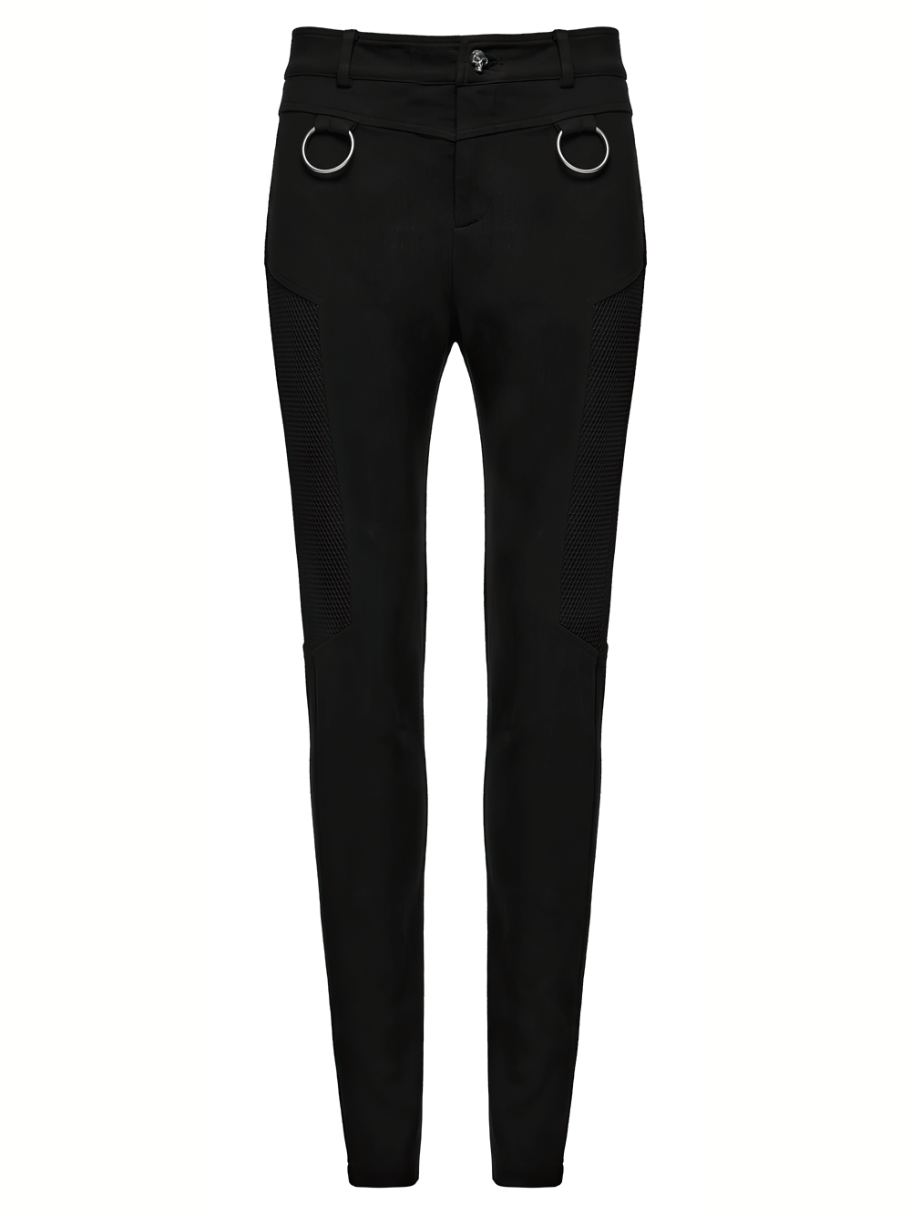 Stylish Gothic Black Twill Pants with Detachable Pockets featuring sleek silhouette and mesh splicing.