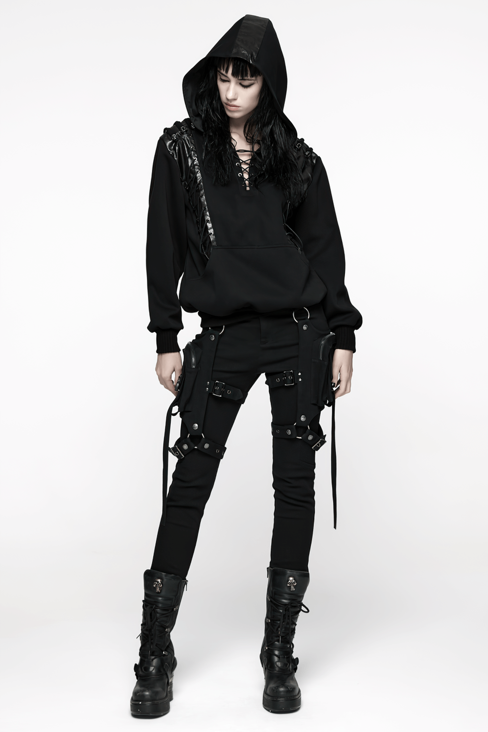 Stylish Gothic Black Twill Pants with Detachable Pockets paired with edgy black hoodie and combat boots.