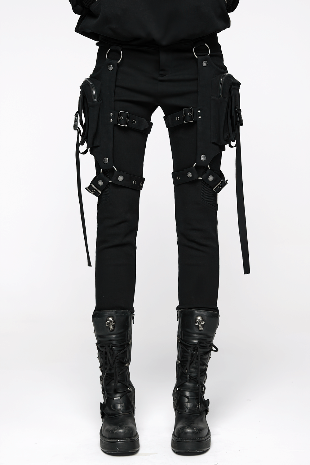 Stylish Gothic Black Twill Pants with Detachable Pockets featuring edgy design and detachable leg pockets.