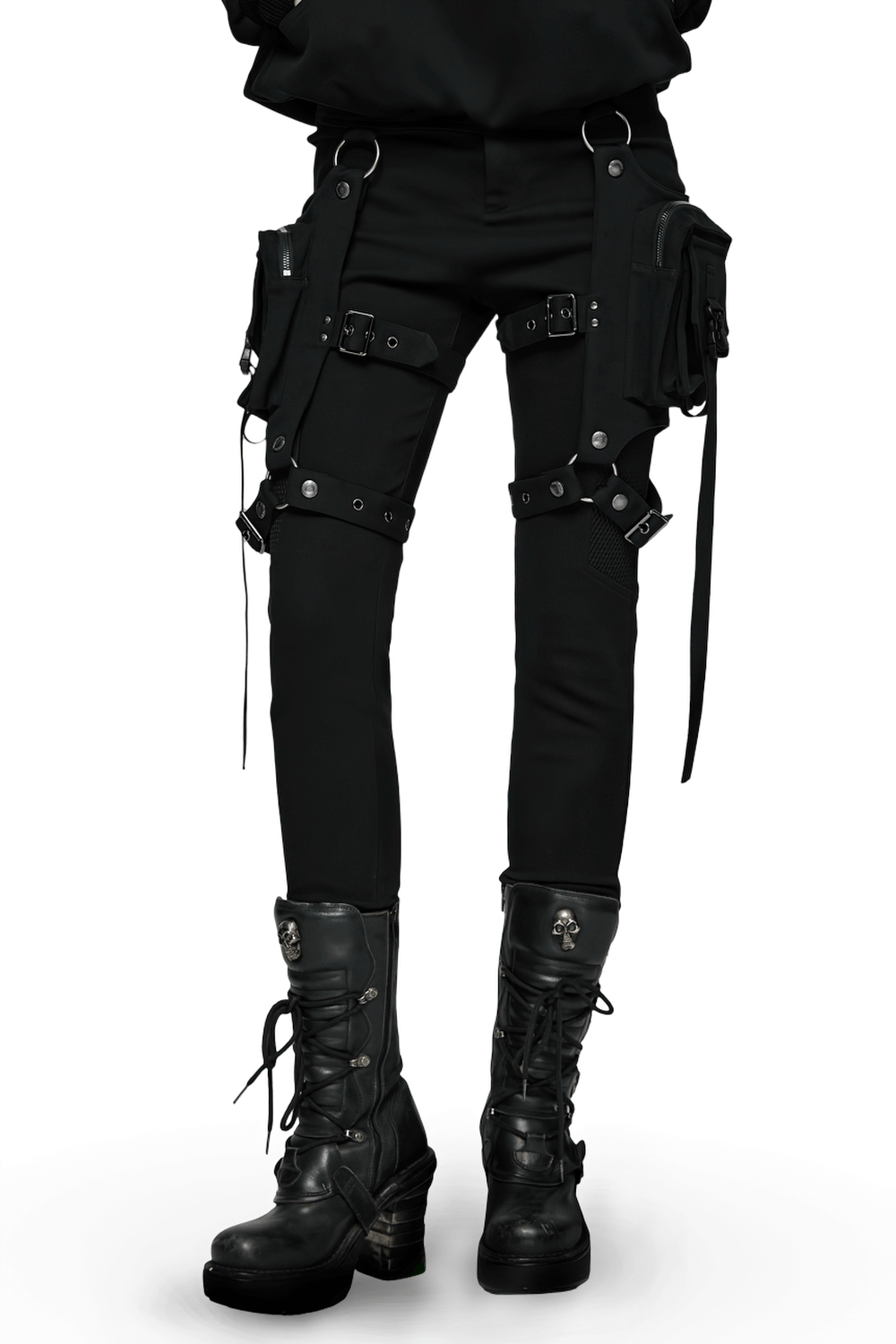 Stylish Gothic Black Twill Pants with Detachable Pockets featuring punk design and detachable leg pockets.