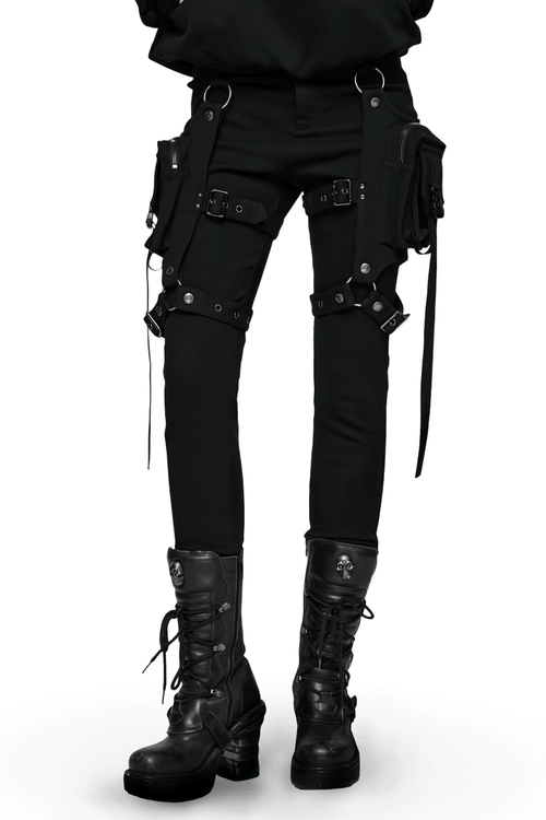 Pantalon en sergé noir gothique élégant avec poches amovibles