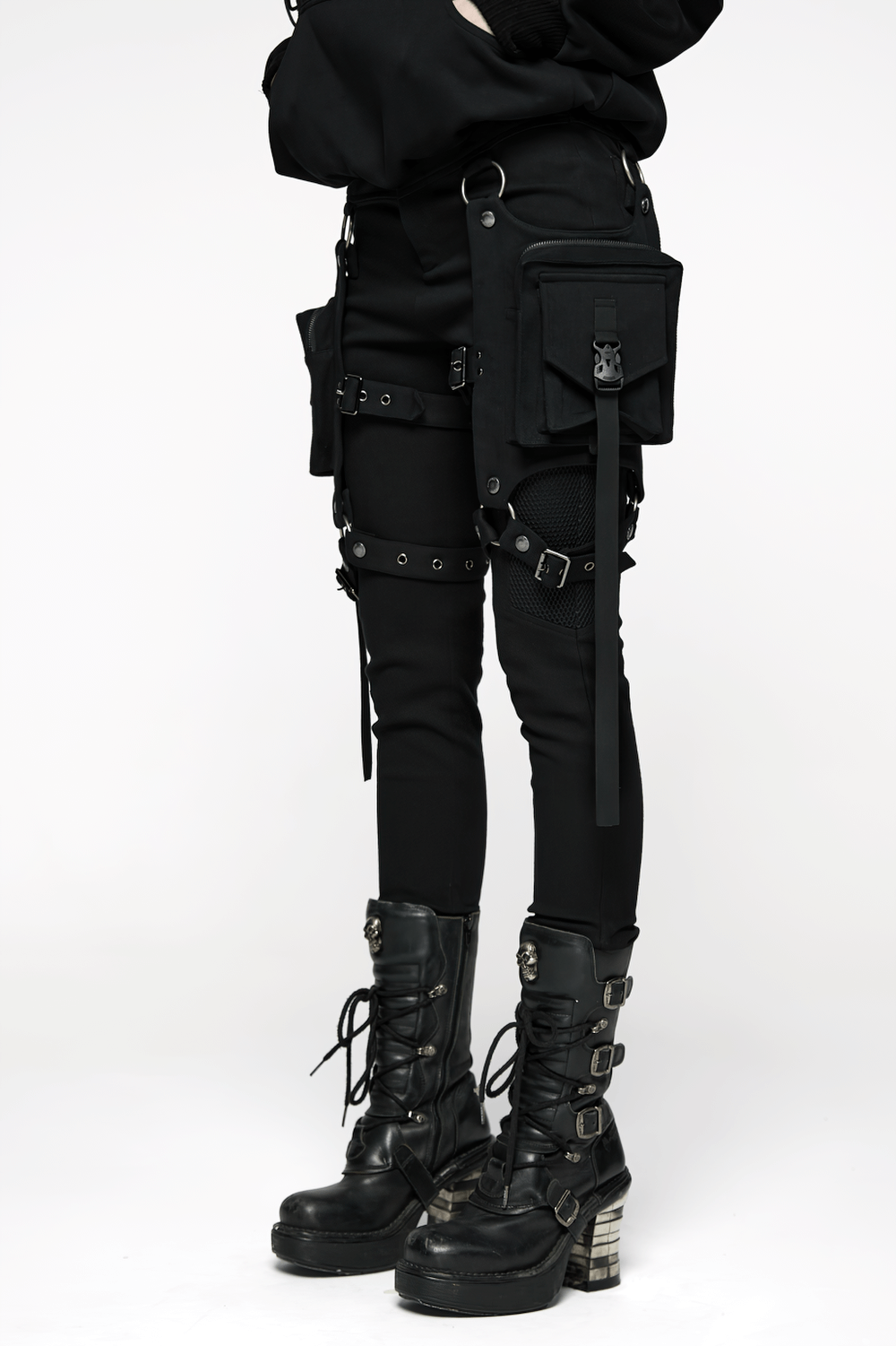 Stylish Gothic Black Twill Pants with Detachable Pockets showcased with edgy accessories and boots.