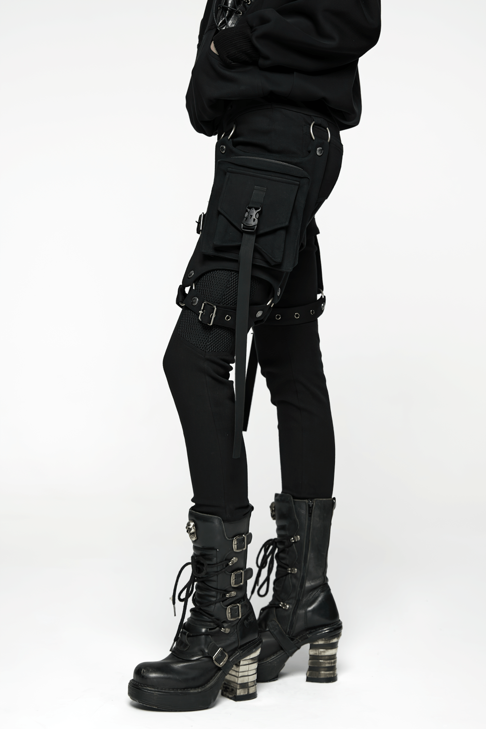 Stylish Gothic Black Twill Pants with Detachable Pockets featuring punk-inspired pockets and mesh details.
