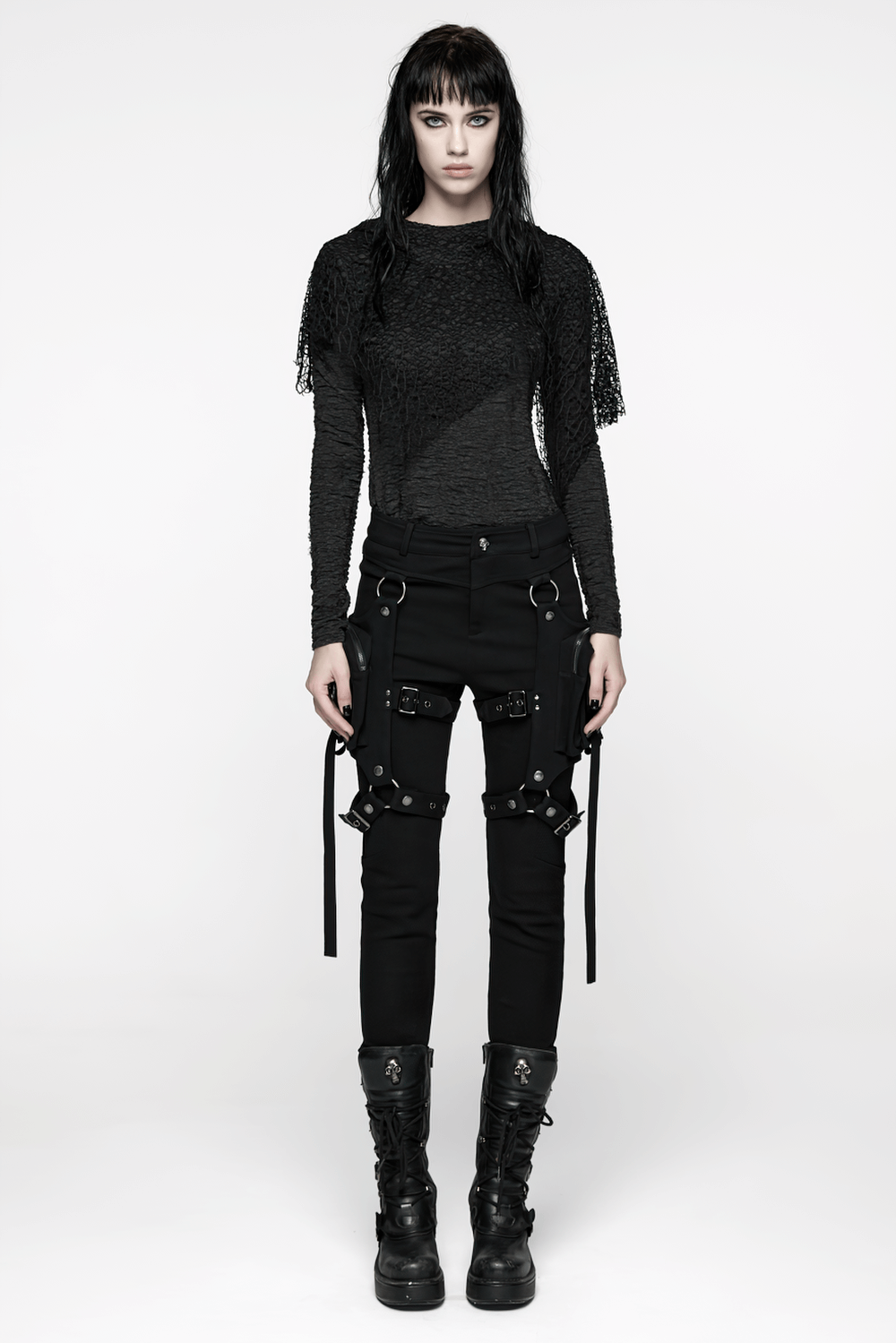 Stylish Gothic Black Twill Pants with Detachable Pockets worn by a model, showcasing edgy punk fashion and detachable pockets.
