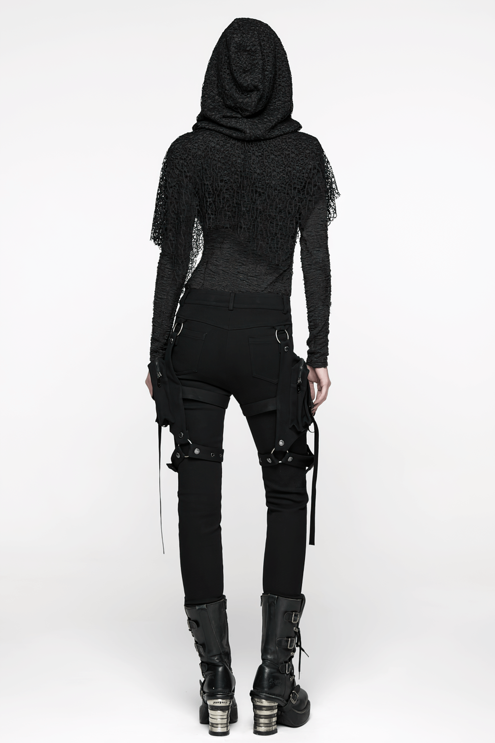 Stylish Gothic Black Twill Pants with Detachable Pockets model showcasing punk style and detachable leg pockets.