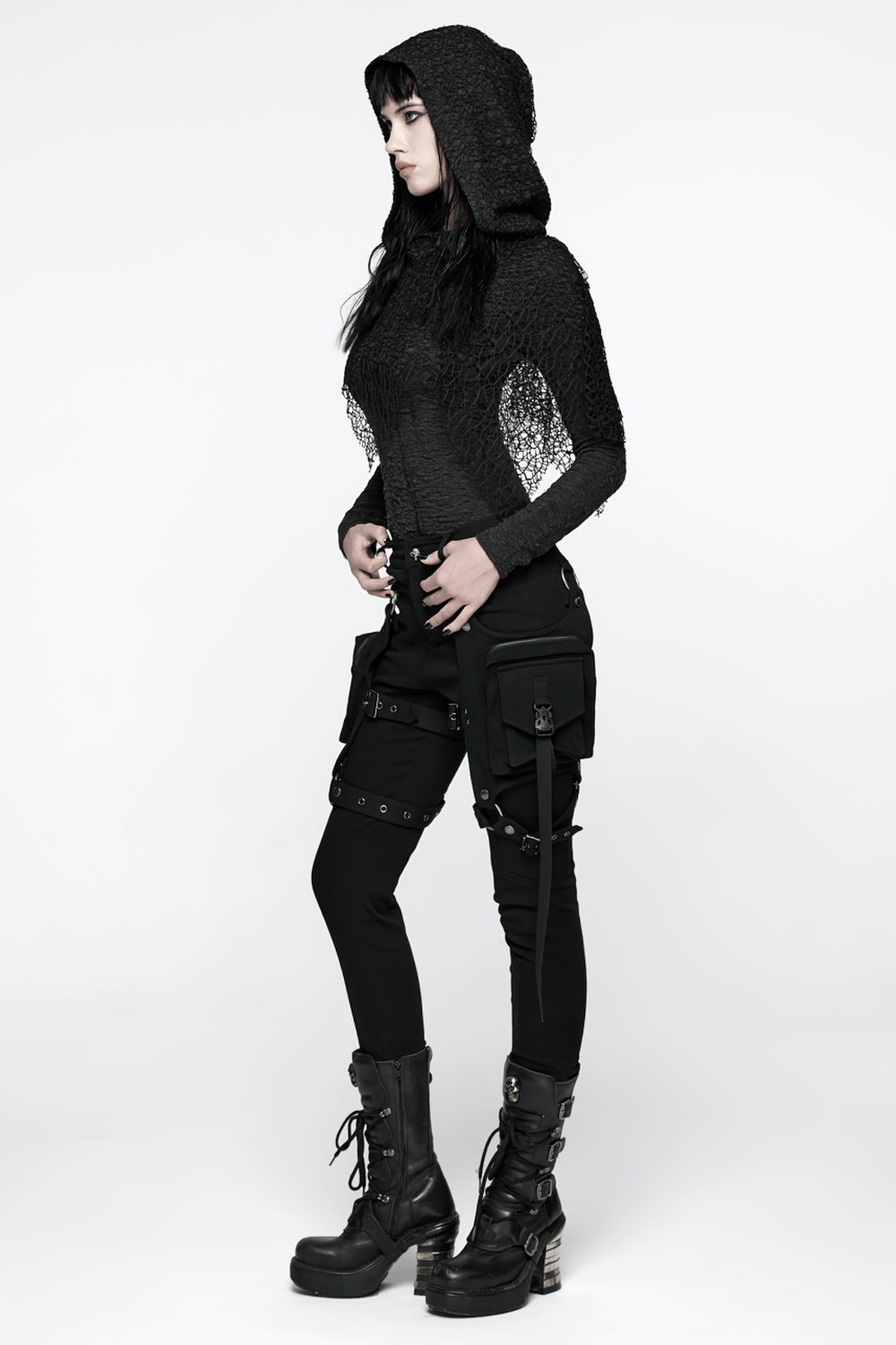 Stylish Gothic Black Twill Pants with Detachable Pockets showcased on a model in a striking pose.
