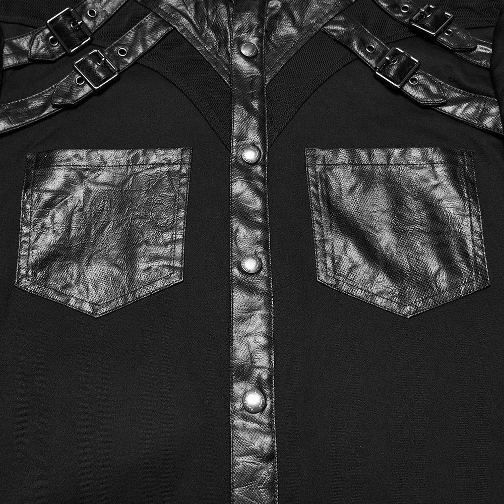 Stylish Gothic Buckled Faux Leather Patch Cyber Shirt with buckles and faux leather pockets.