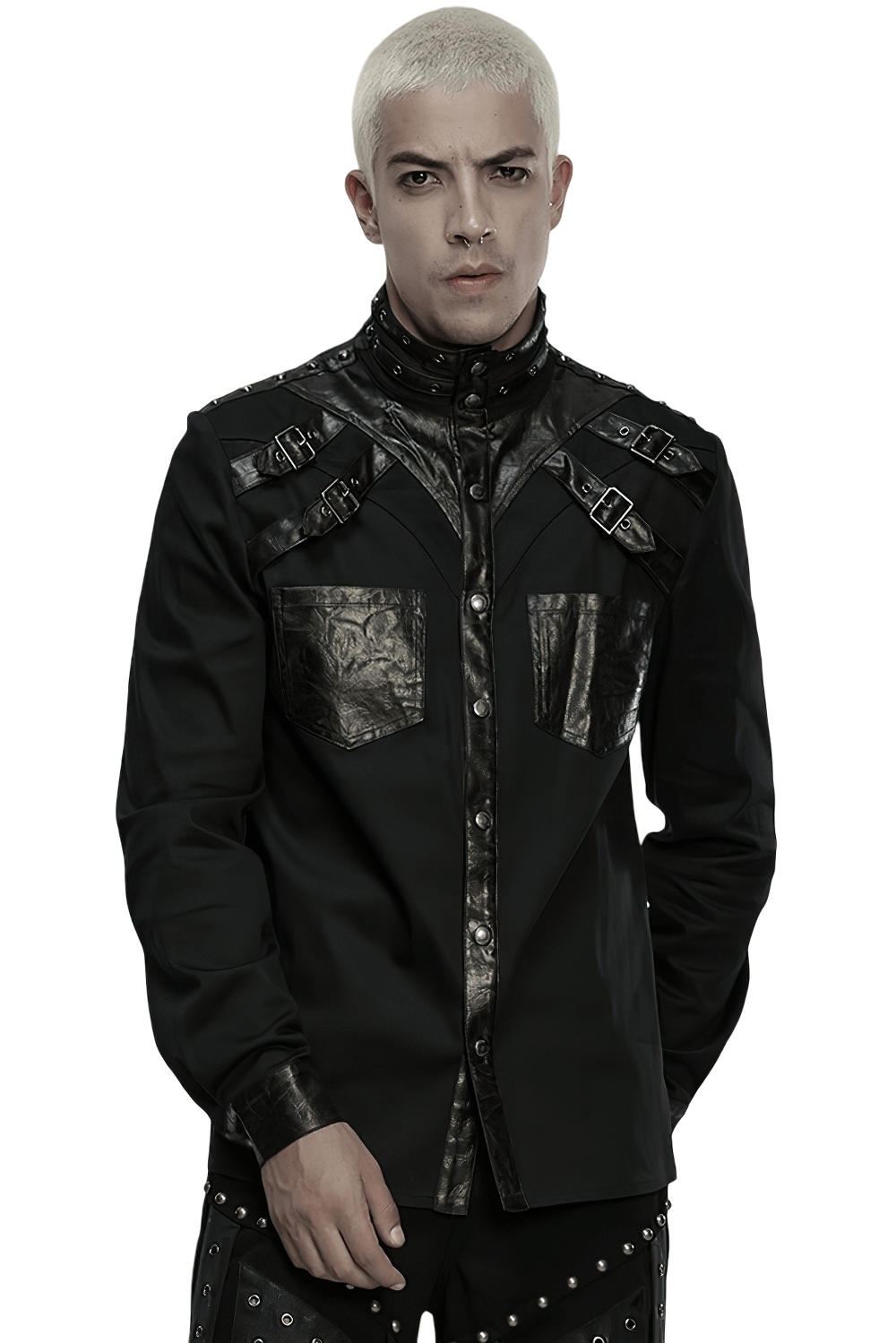 Stylish Gothic Buckled Faux Leather Patch Cyber Shirt showcasing a unique punk design with bold rivets and industrial accents.