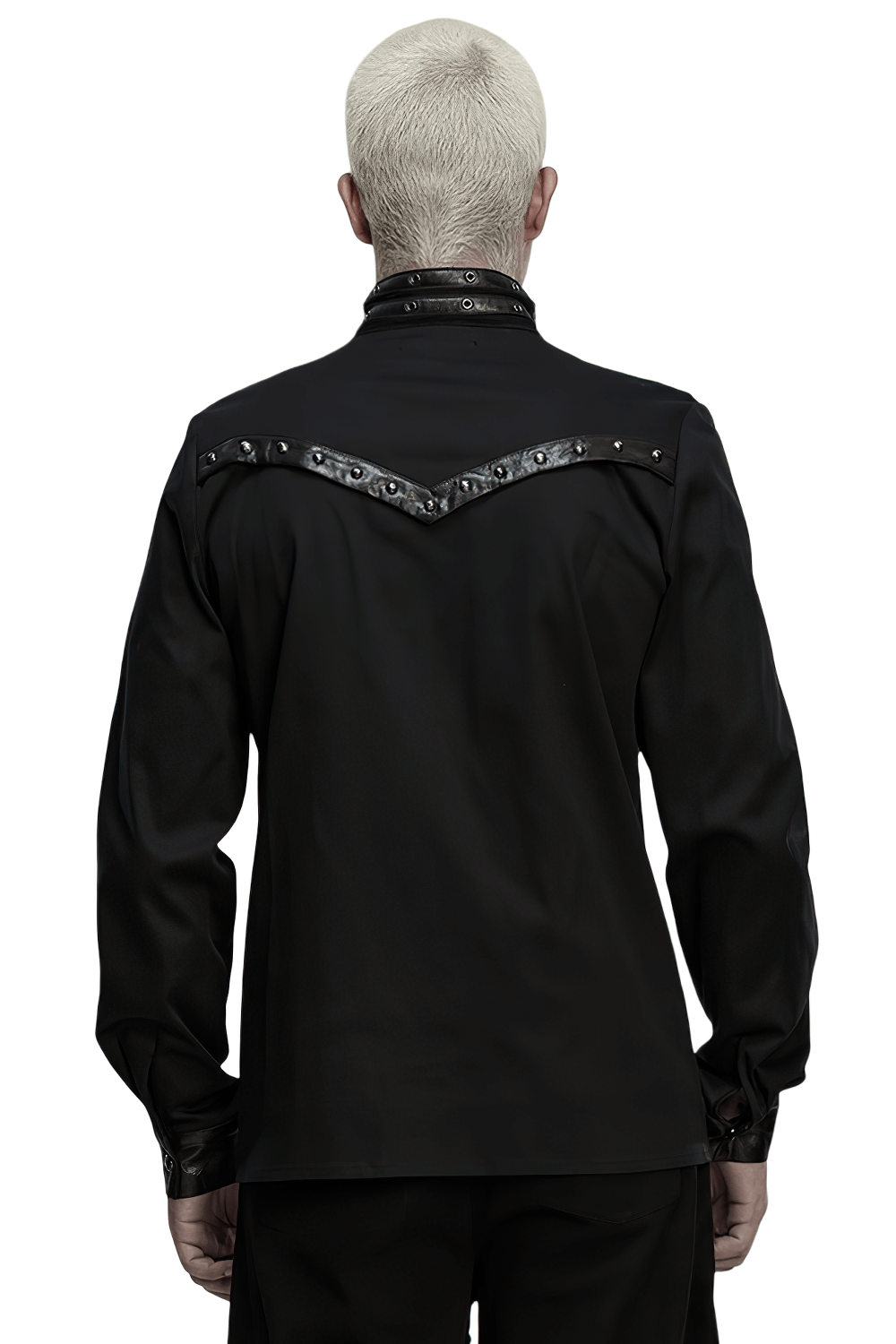Stylish Gothic Buckled Faux Leather Patch Cyber Shirt back view with shoulder rivets and rubberized accents.