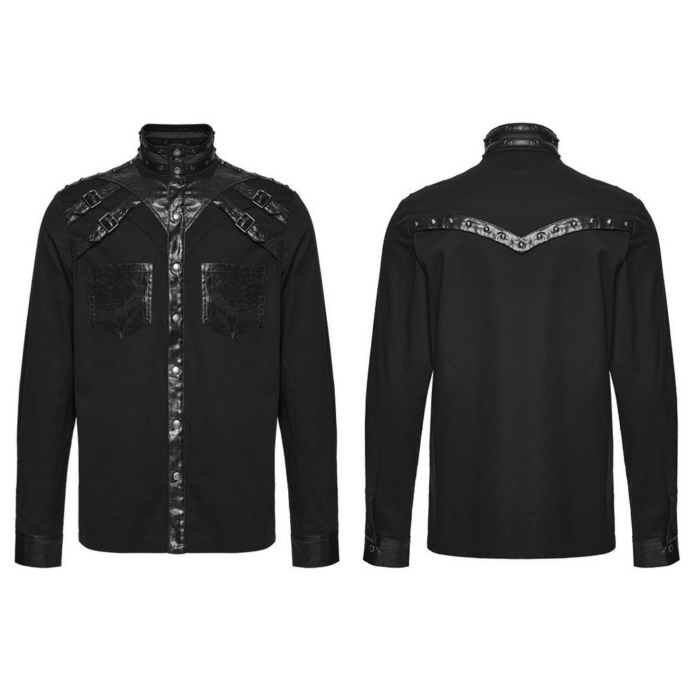 Stylish Gothic Buckled Faux Leather Patch Cyber Shirt featuring edgy design and bold buckles.