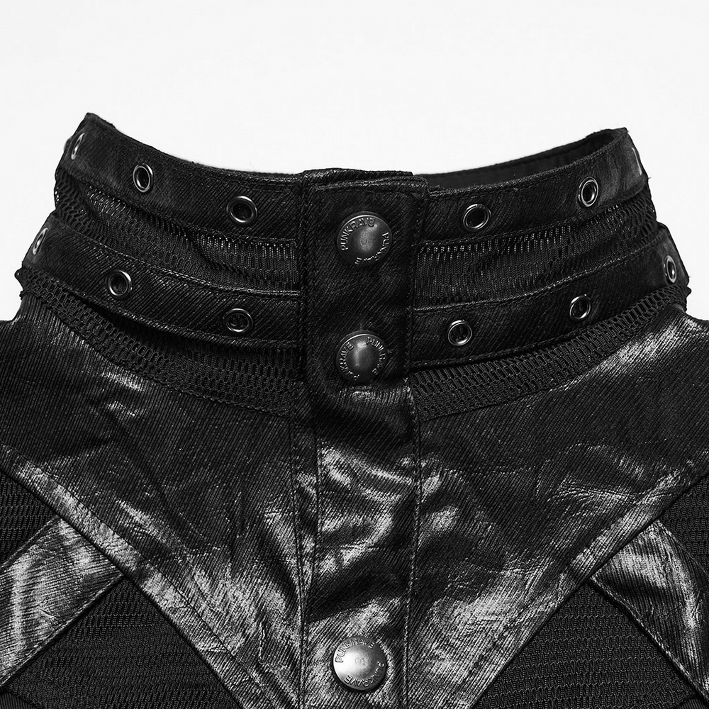 Stylish Gothic Buckled Faux Leather Patch Cyber Shirt collar with rivets and mesh accents.