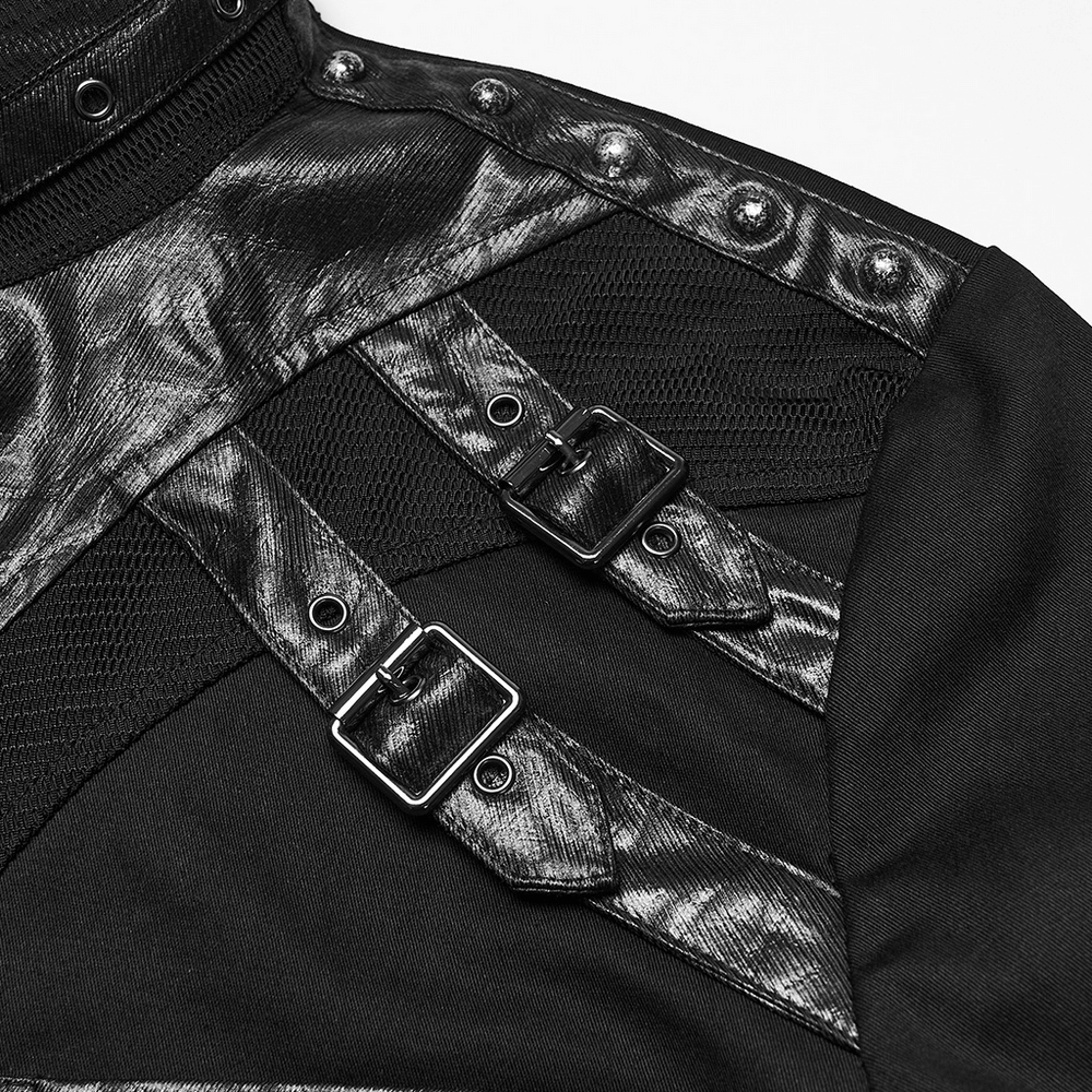 Stylish Gothic Buckled Faux Leather Patch Cyber Shirt with buckles and textured fabric detailing.