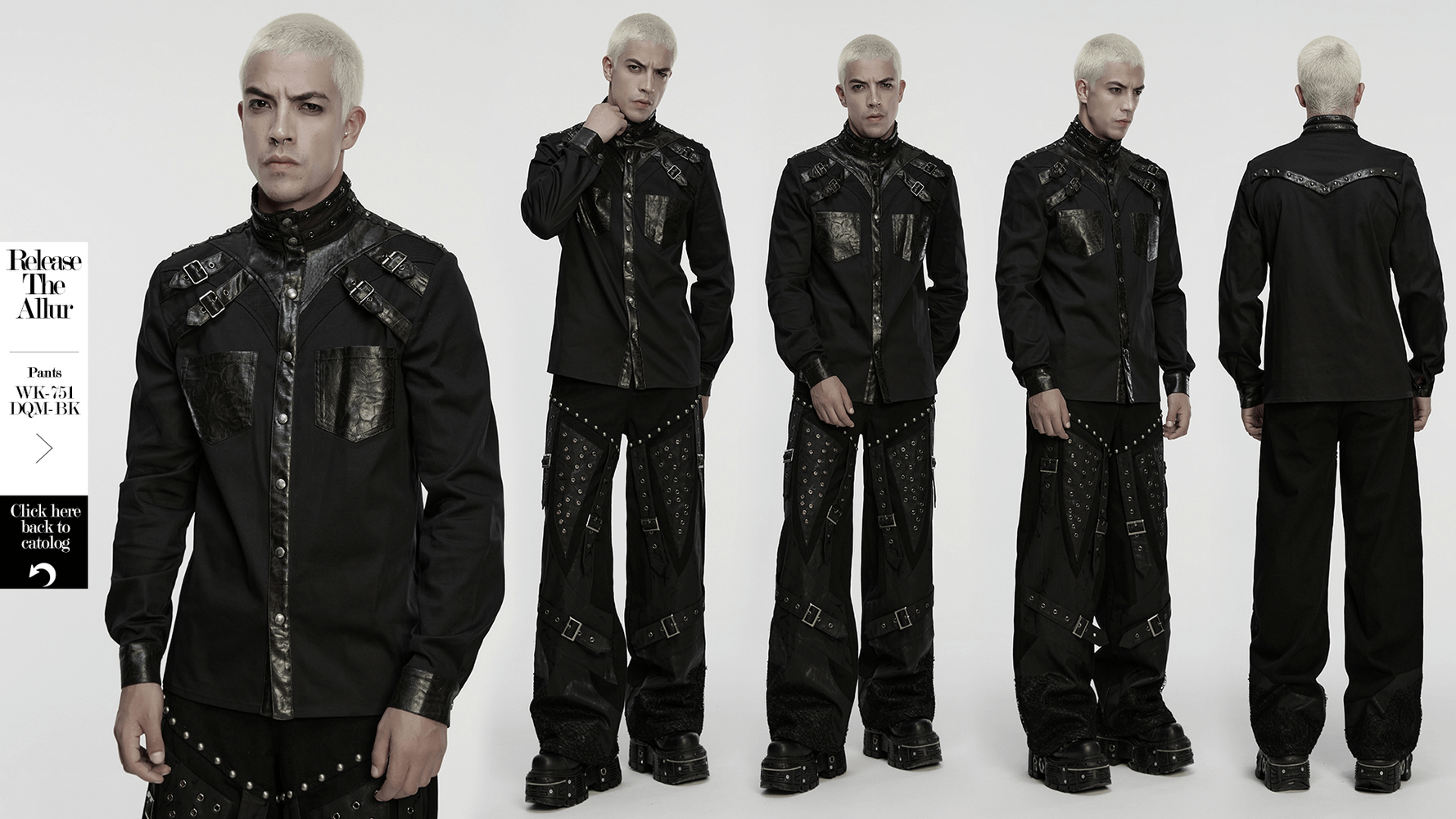 Stylish Gothic Buckled Faux Leather Patch Cyber Shirt worn by model showcasing punk design and futuristic accents.
