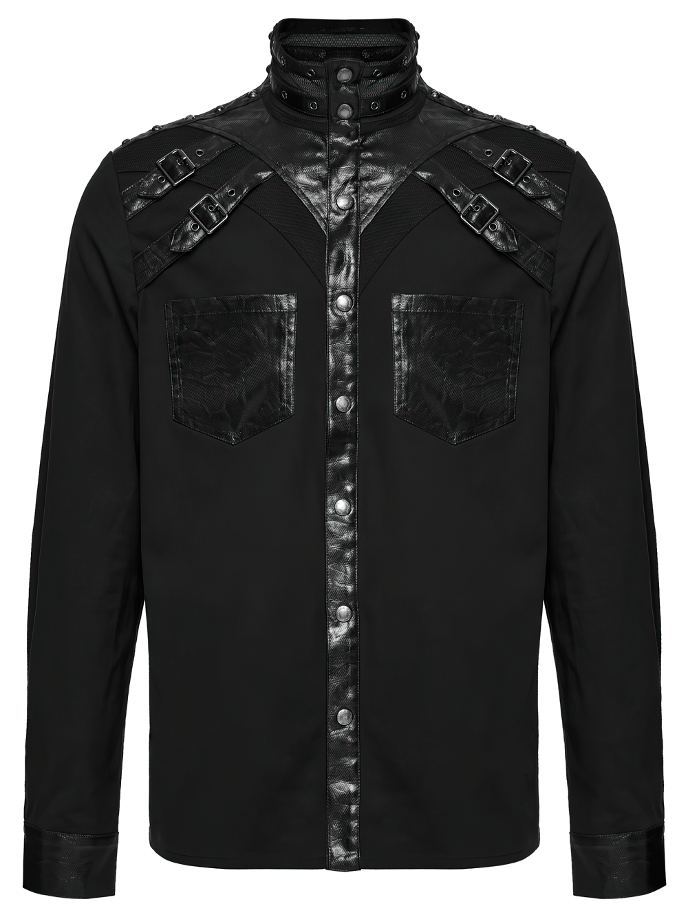 Stylish Gothic Buckled Faux Leather Patch Cyber Shirt with rivets and buckles for a punk look.