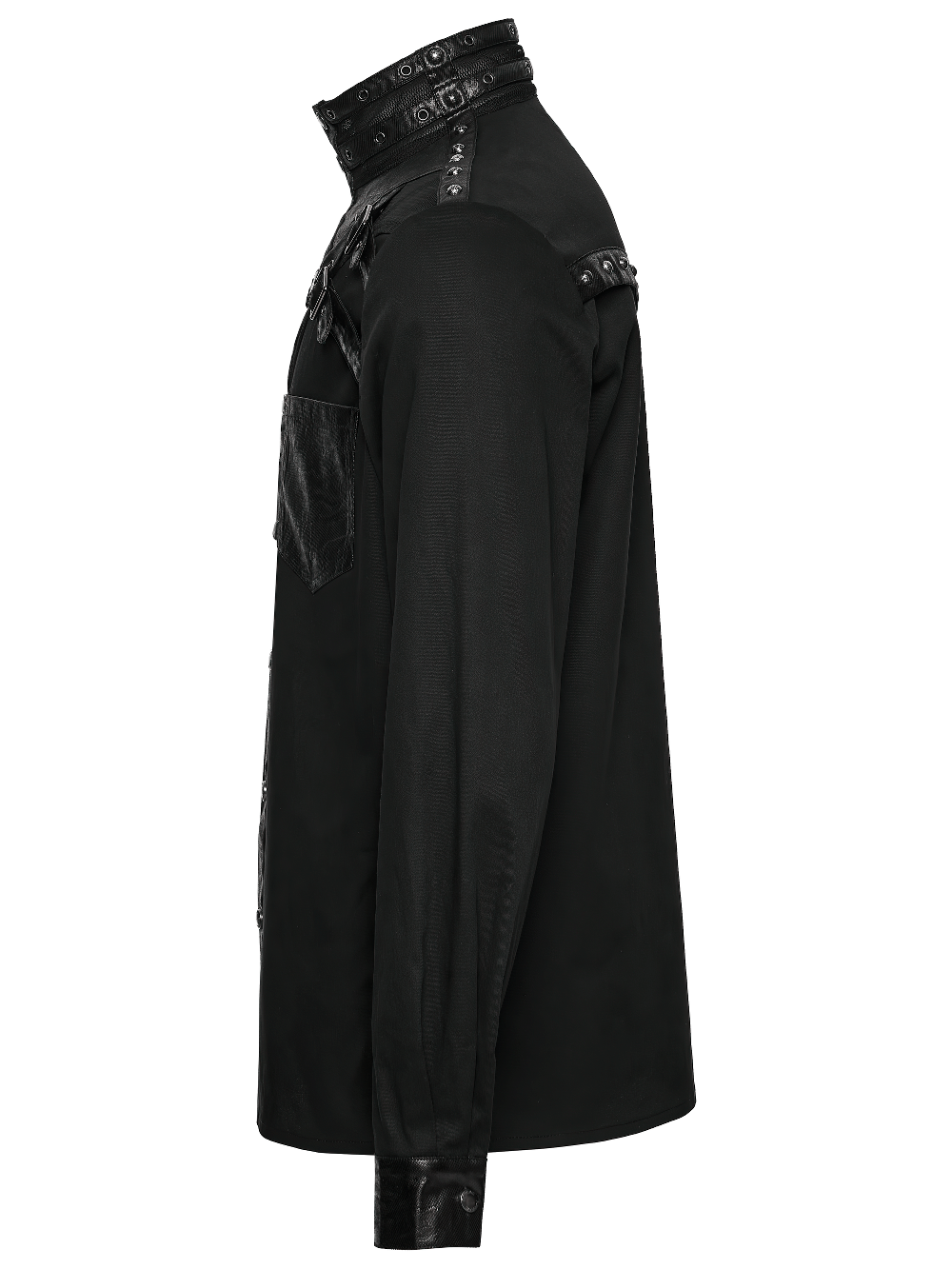 Stylish Gothic Buckled Faux Leather Patch Cyber Shirt with unique design and bold shoulder rivets.