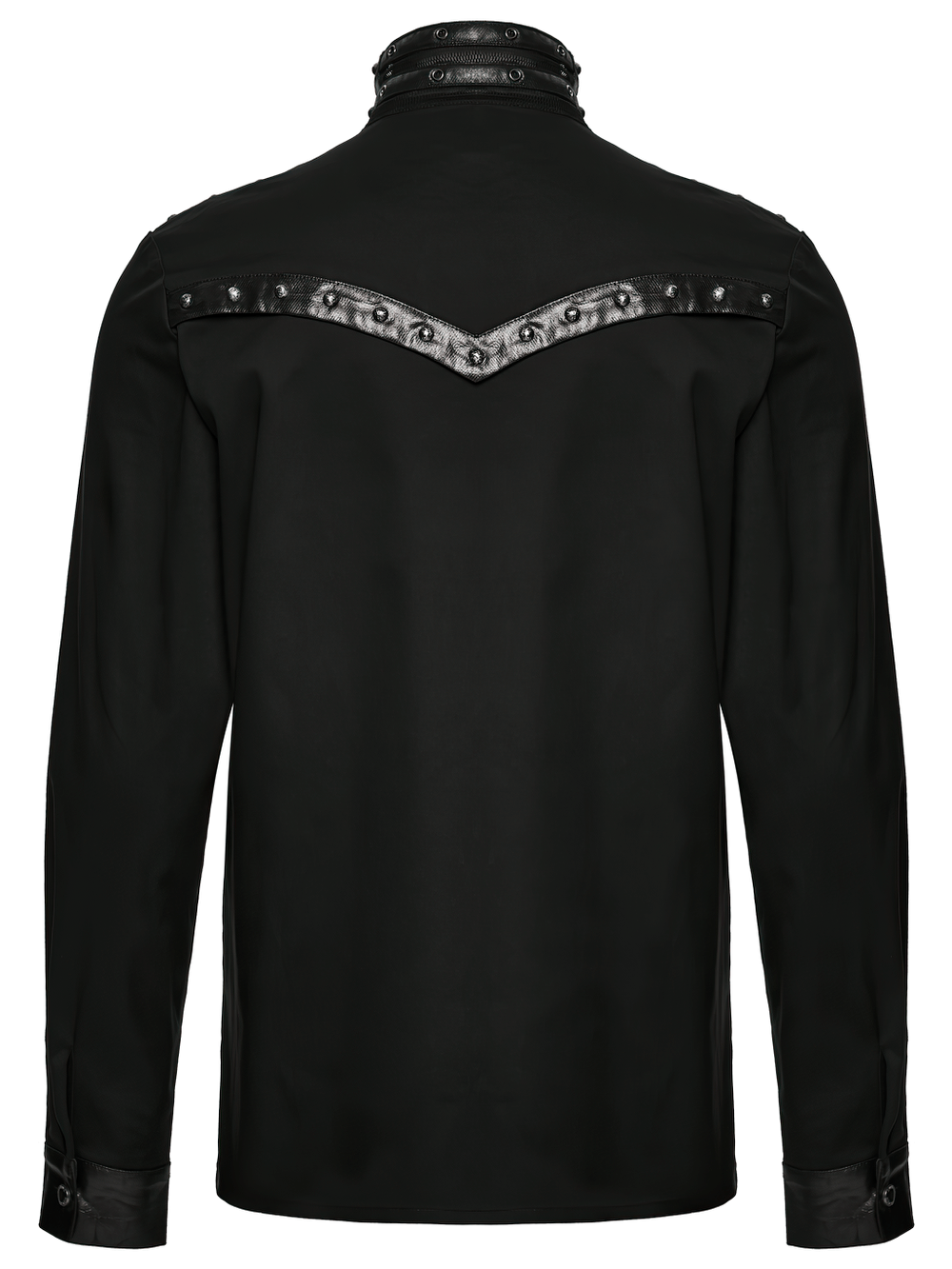 Stylish Gothic Buckled Faux Leather Patch Cyber Shirt back view showcasing edgy design and industrial accents.