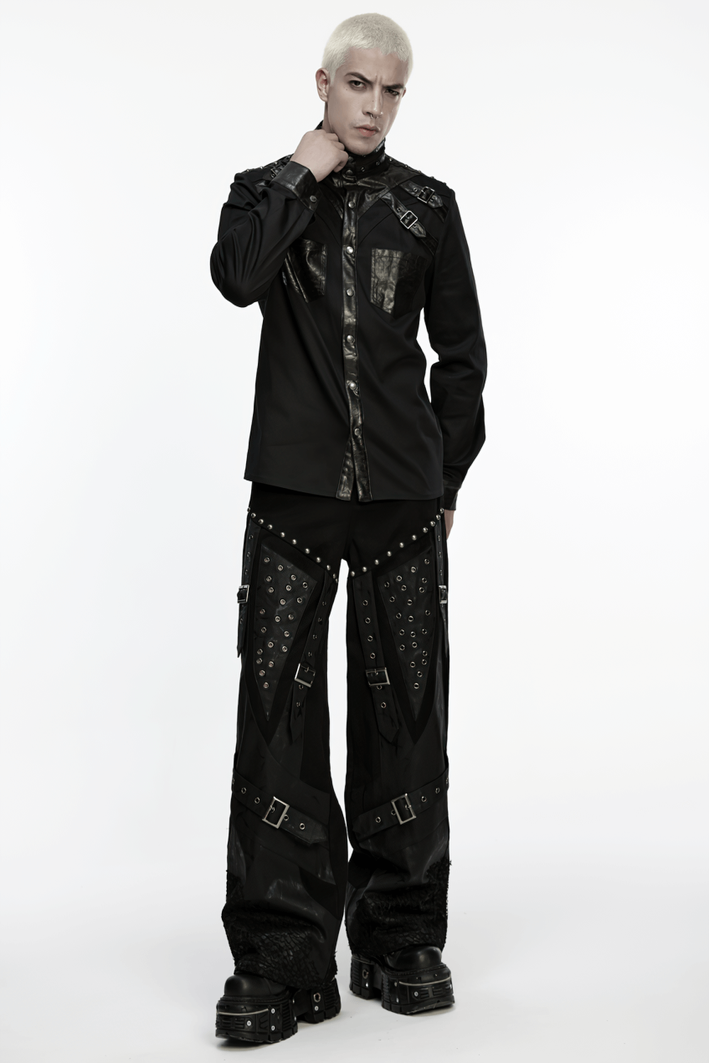 Stylish Gothic Buckled Faux Leather Patch Cyber Shirt worn by a model with punk fashion accessories.