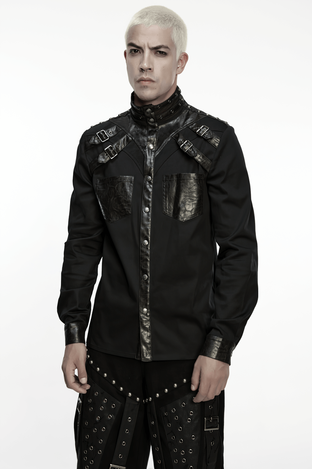 Stylish Gothic Buckled Faux Leather Patch Cyber Shirt worn by a model, showcasing its edgy design and punk accents.