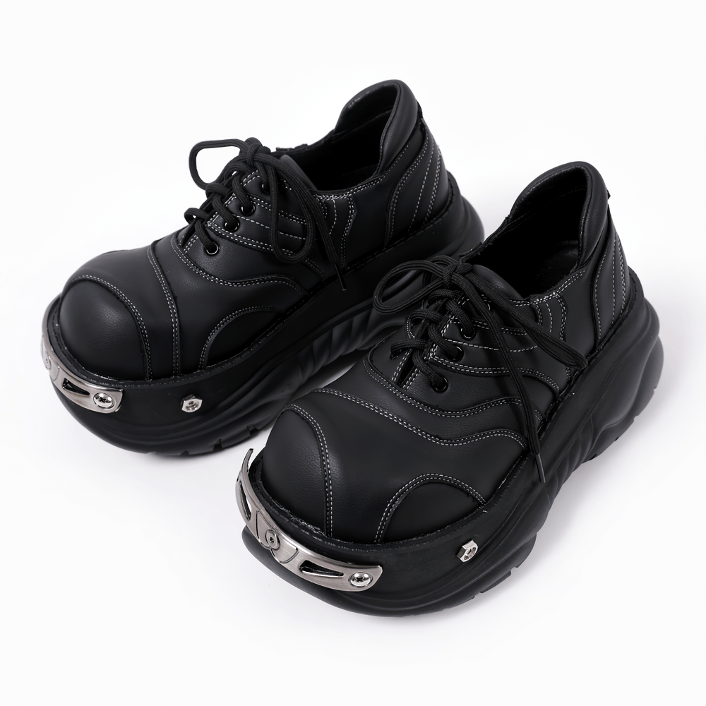 Stylish Gothic Chunky Platform Shoes with Toe Trim, black lace-up microfiber sneakers with silver-tone toe trim and contrast stitching