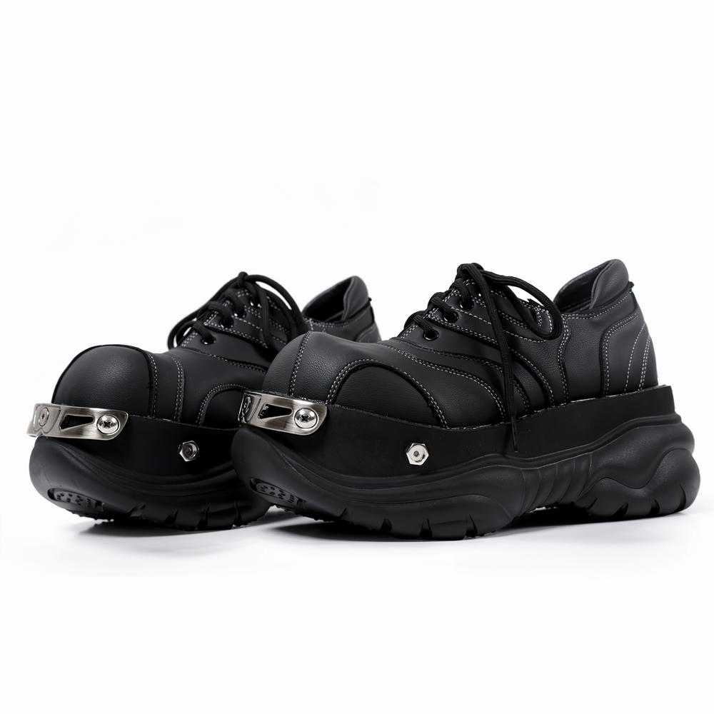 Stylish Gothic Chunky Platform Shoes with Toe Trim black lace-up sneakers with contrast stitching and silver toe trim
