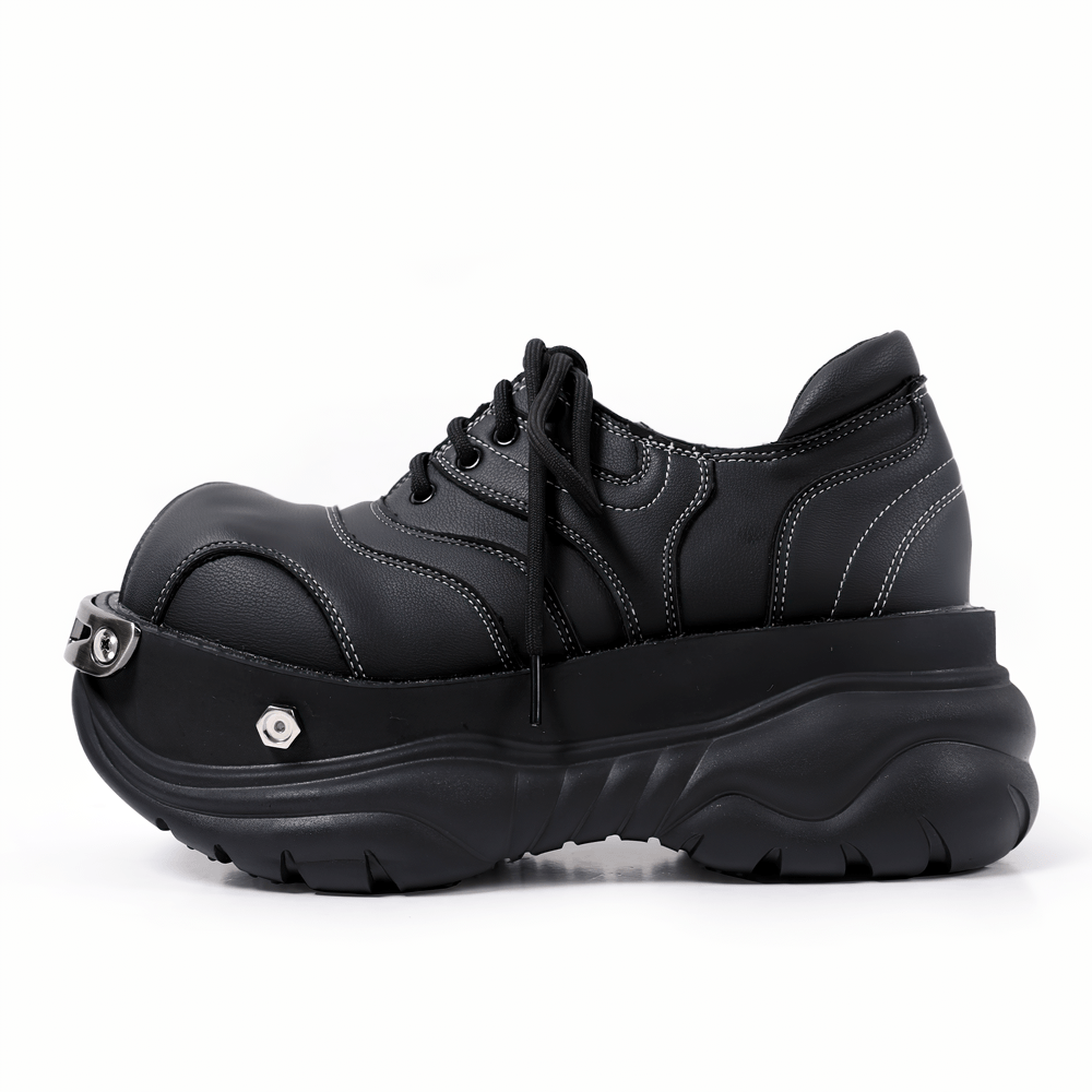 Stylish Gothic Chunky Platform Shoes with Toe Trim black lace-up sneaker with contrast stitching and sculpted sole