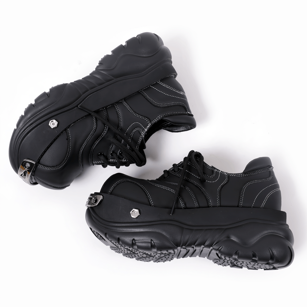 Stylish Gothic Chunky Platform Shoes with Toe Trim black lace-up sneakers with contrast stitching and industrial silver toe trim