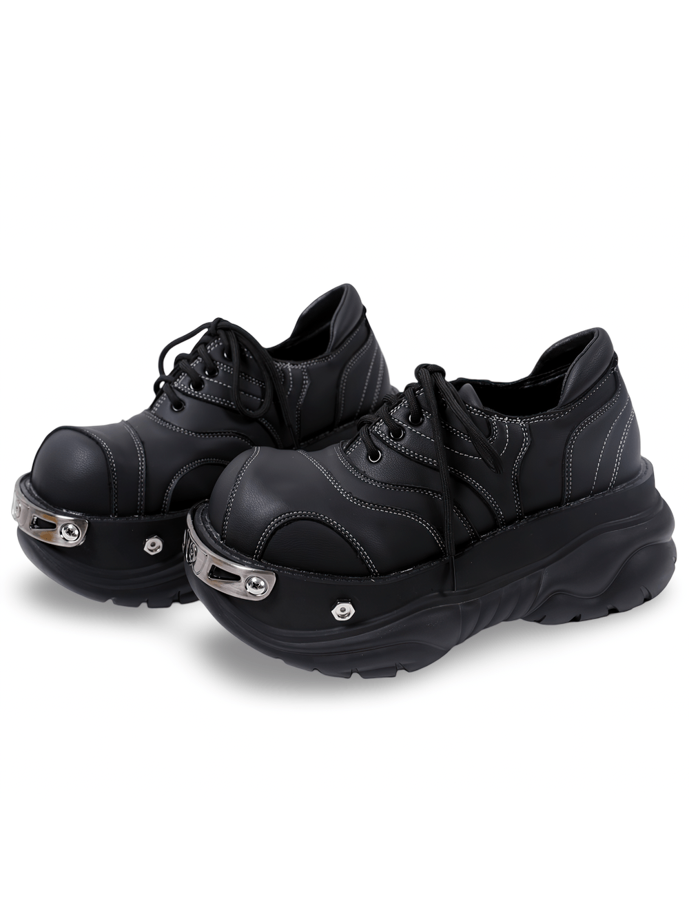 Stylish Gothic Chunky Platform Shoes with Toe Trim black lace-up sneakers with contrast stitching and metal toe trim