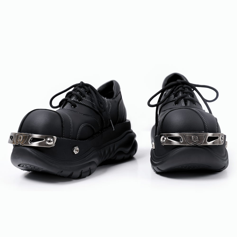 Stylish Gothic Chunky Platform Shoes with Toe Trim black lace-up sneakers with silver toe trim and contrast stitching
