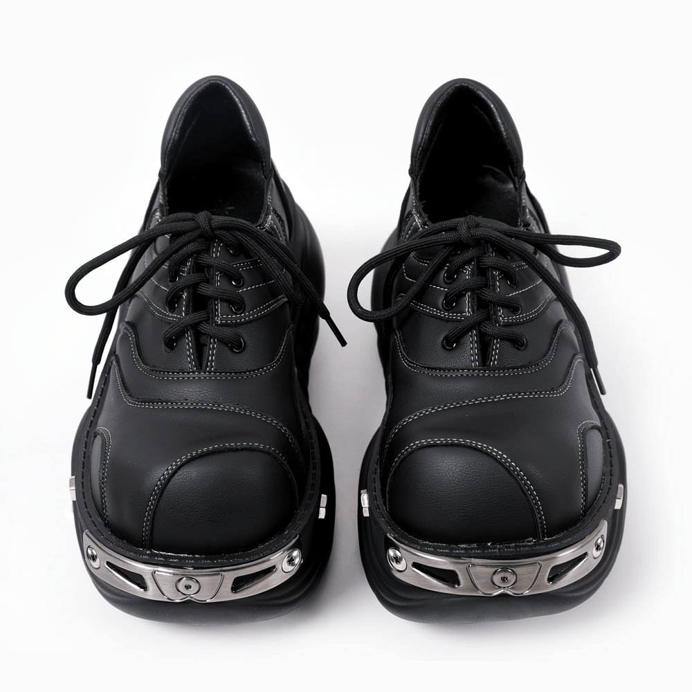 Stylish Gothic Chunky Platform Shoes with Toe Trim black lace-up sneakers with contrast stitching and metal toe trim
