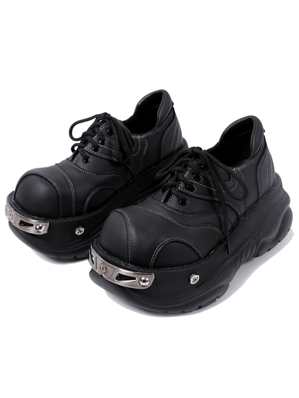 Stylish Gothic Chunky Platform Shoes with Toe Trim black lace-up platform sneakers with contrast stitching