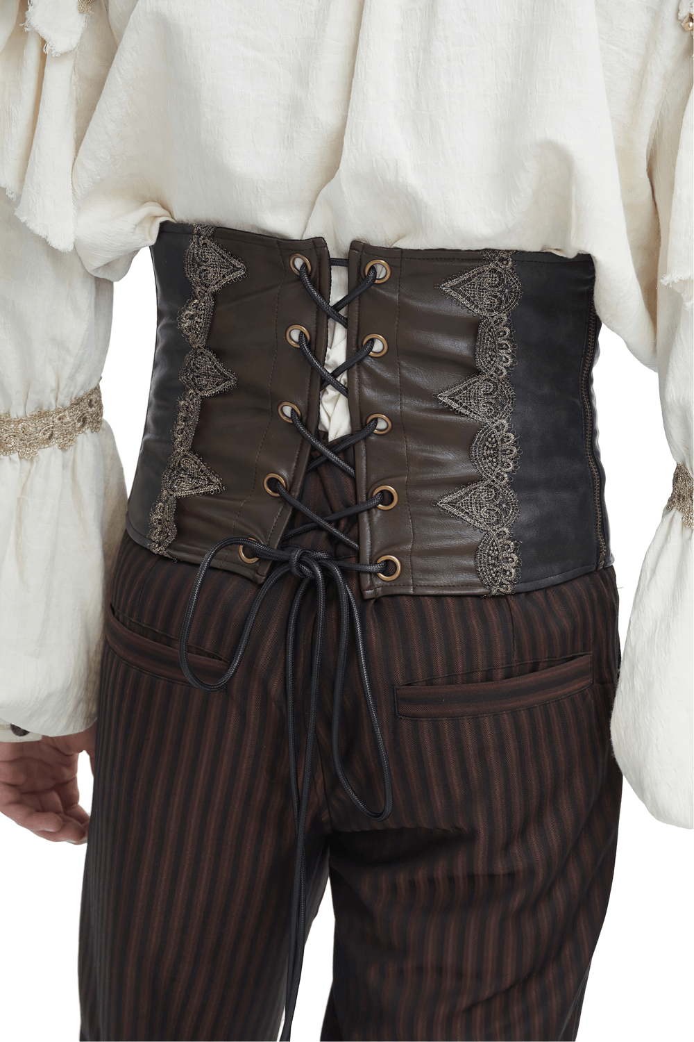 Stylish Gothic corset belt with lace-up detail and intricate lace trimming in brown faux leather.