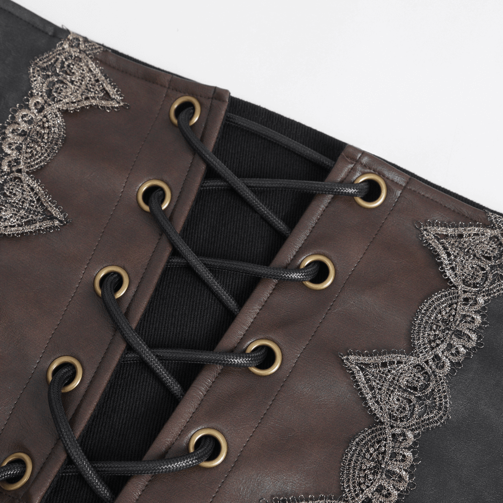 Close-up of gothic corset belt featuring lace-up detail and intricate lace accents in brown faux leather.