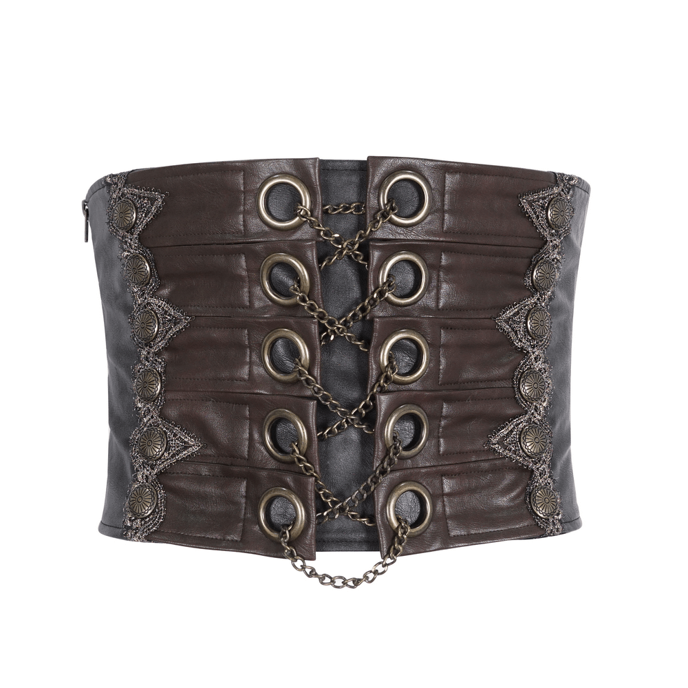 Stylish brown gothic corset belt with lace-up detail and chain accents for a bold, unique look.