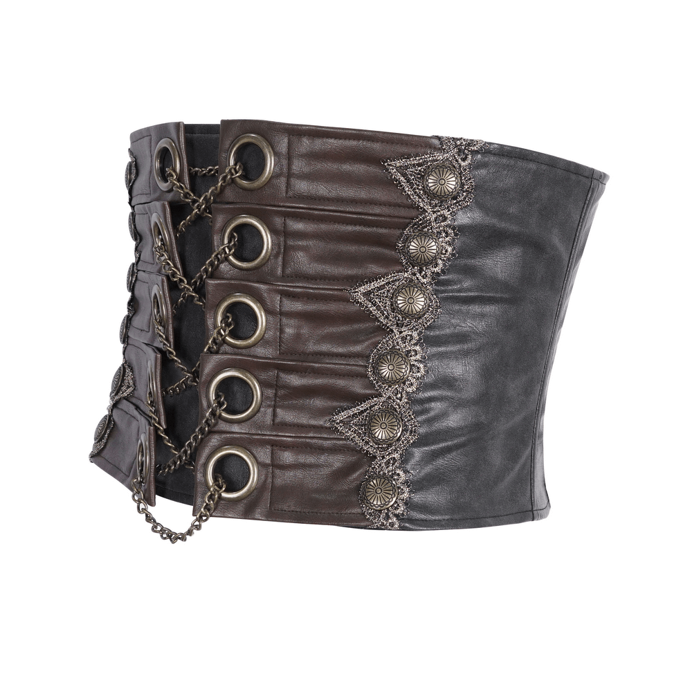 Stylish gothic corset belt in brown and black with lace-up detail and chain accents for a bold look.