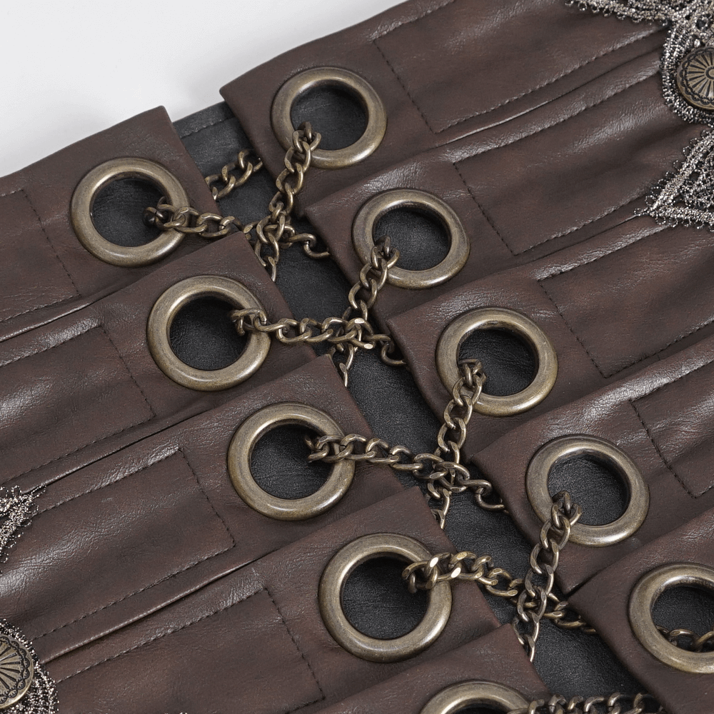 Stylish gothic corset belt in brown faux leather with chain accents and lace-up detail for a bold fashion statement.