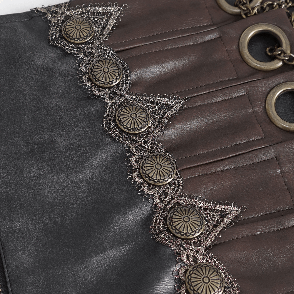 Detailed view of gothic corset belt featuring intricate lace trim and metallic accents in dark brown faux leather.