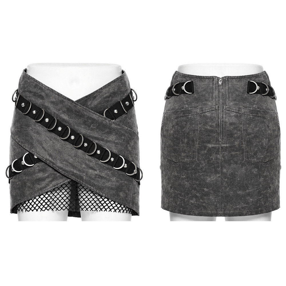 Stylish Gothic denim mini skirt with mesh, D-ring buckles, and stud details, featuring a unique overlapping design.