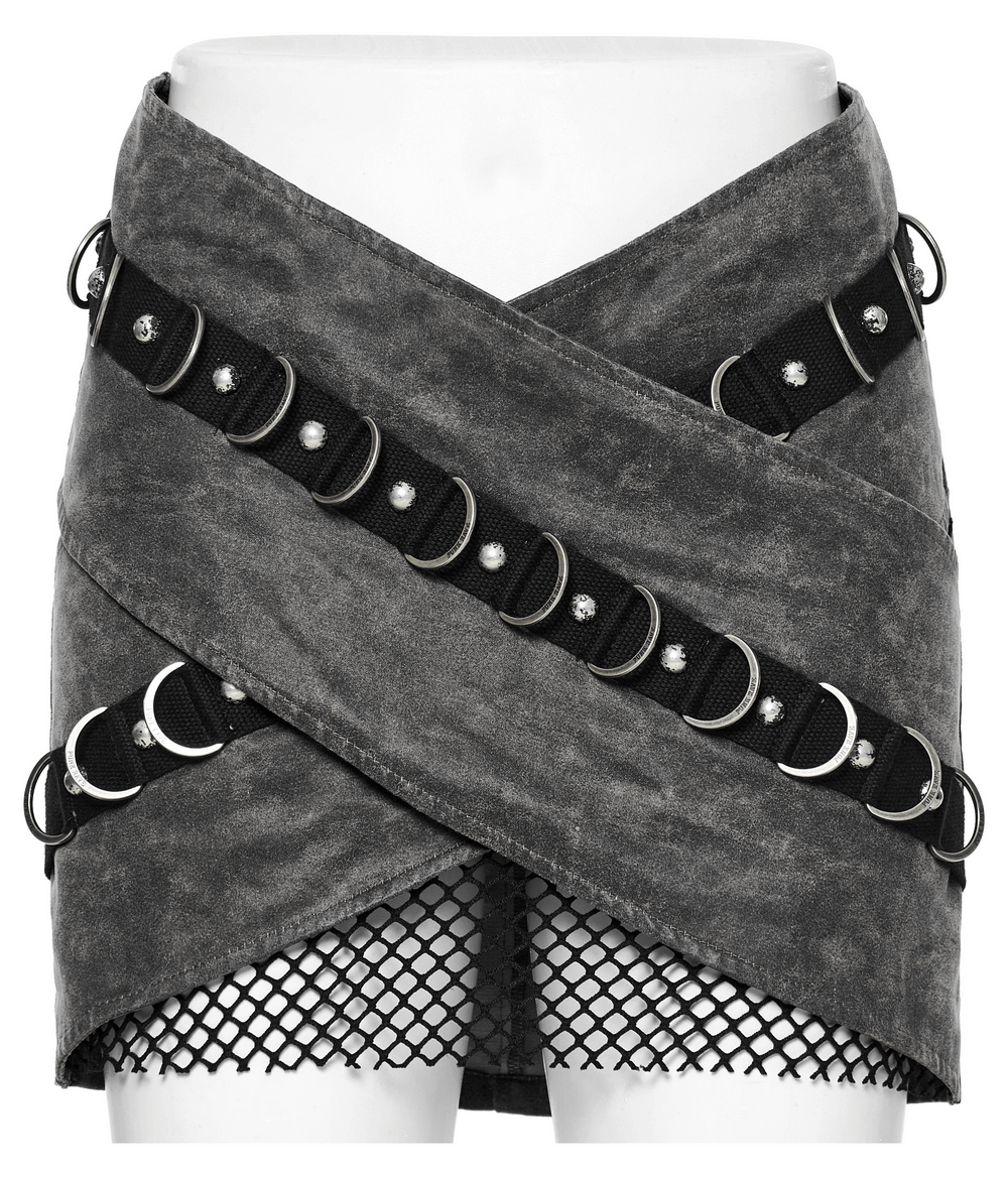 Stylish Gothic mini skirt featuring denim, mesh, and punk studs with a unique overlapping design.
