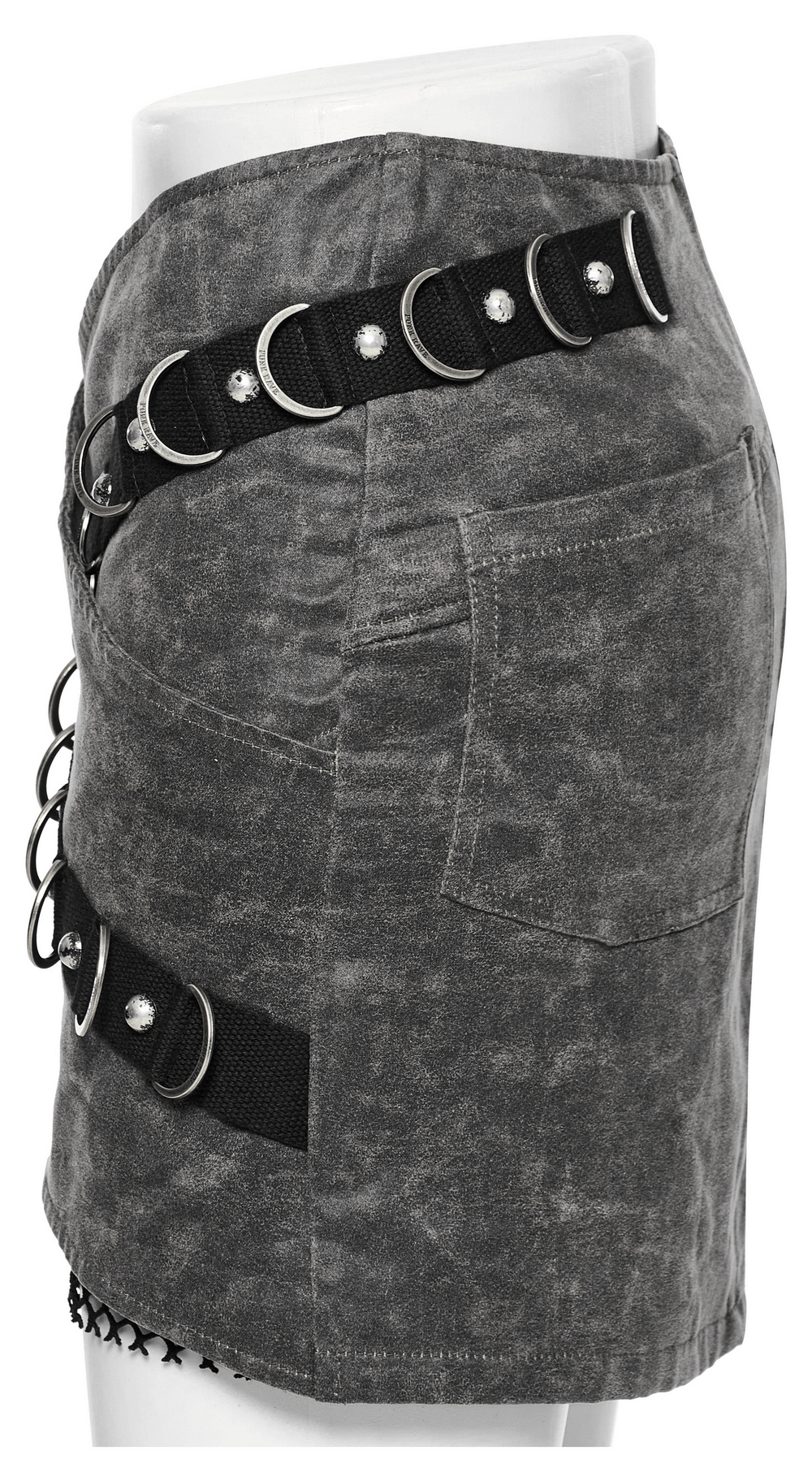 Stylish Gothic denim mini skirt featuring D-ring buckles and mesh detailing, perfect for punk fashion lovers.