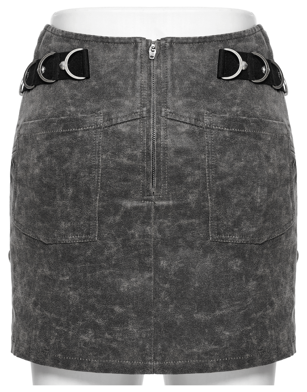 Back view of stylish gothic denim mini skirt featuring mesh, D-ring buckles, and zipper closure.