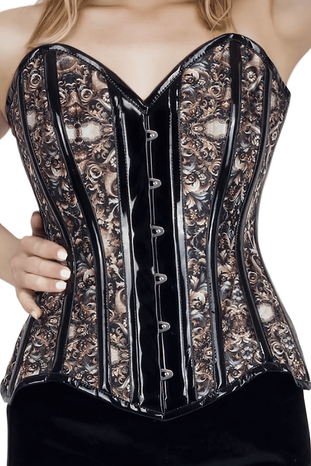 Stylish Gothic floral overbust corset with steel boning and lace-up back for vintage-inspired fashion.