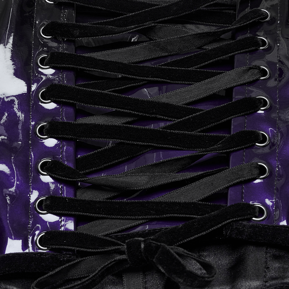 Close-up of gothic underbust corset with black laces and glossy purple gradient detail.
