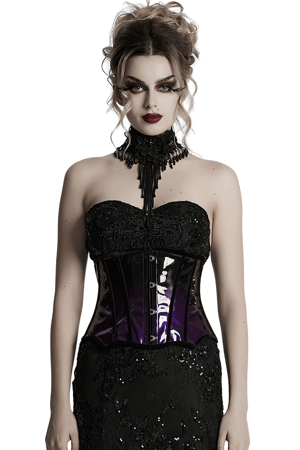 Stylish goth underbust corset with glossy gradient and intricate detailing, perfect for alternative fashion.